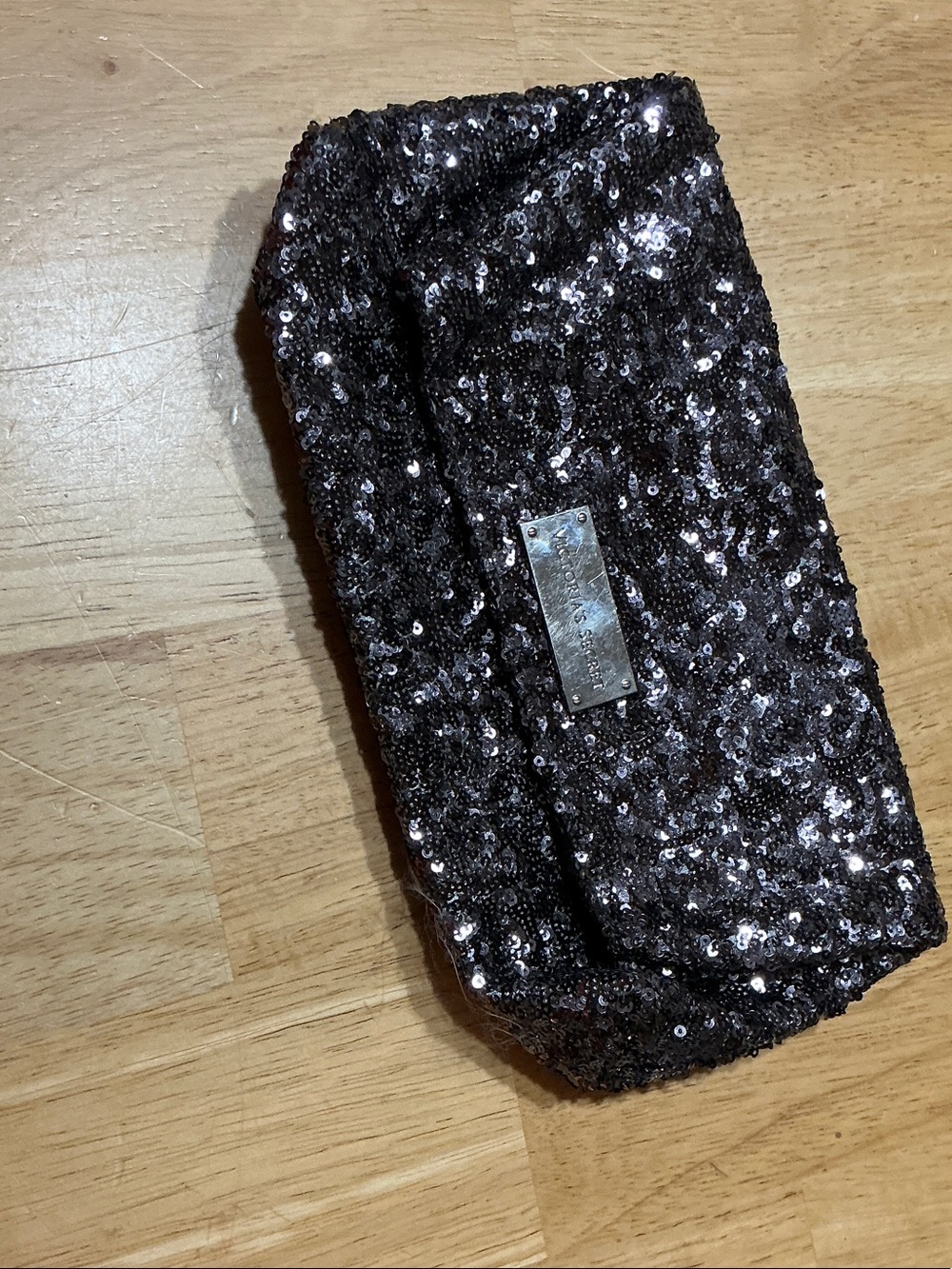 Victoria's Secret Silver Sequin Clutch with Gold Logo Plate